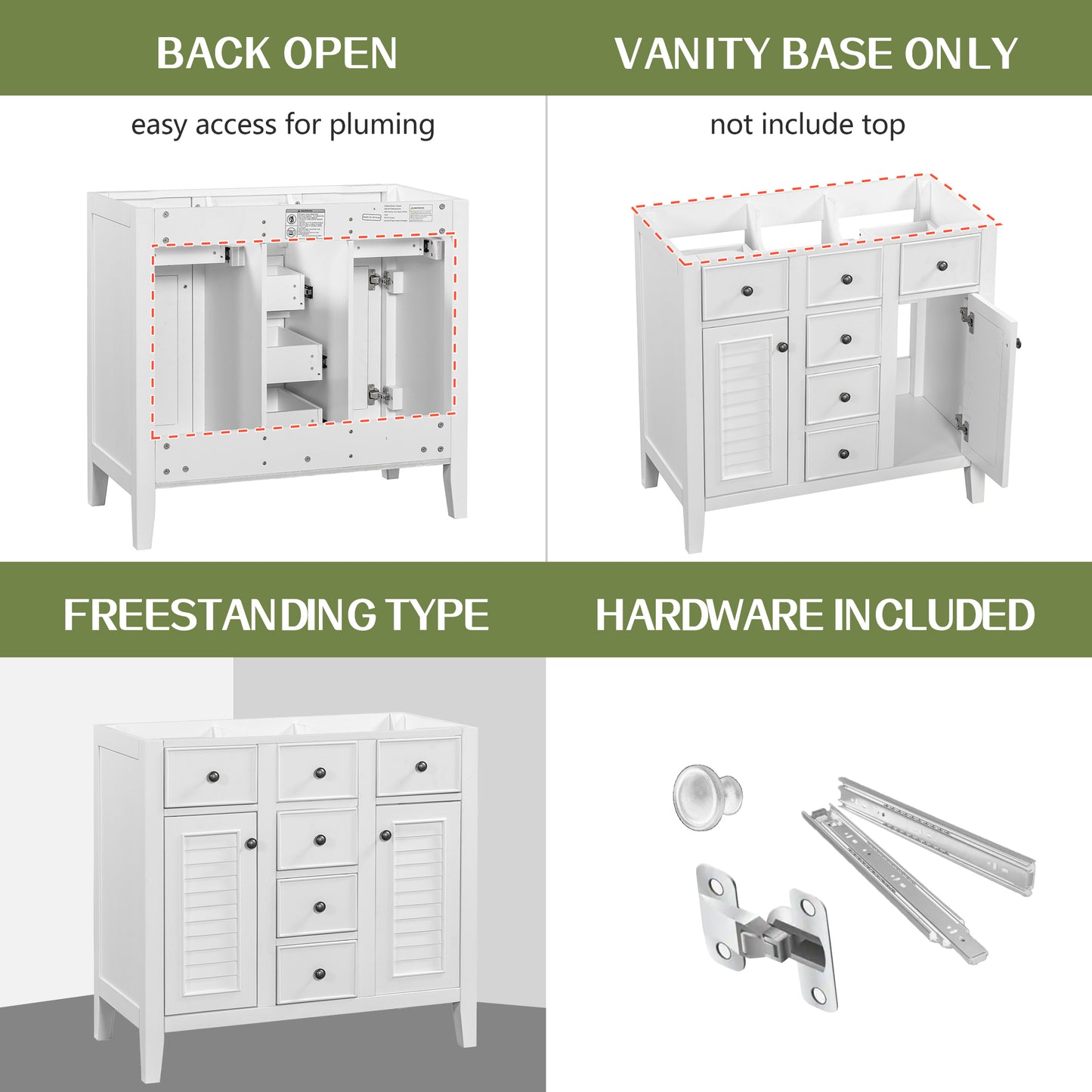 36" Bathroom Vanity without Sink, Cabinet Base Only, Two Cabinets and Five Drawers, Solid Wood Frame, White