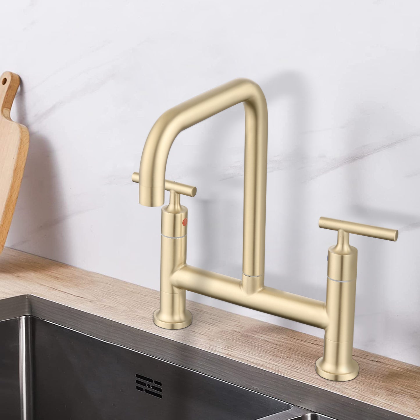 Double Handle Bridge Kitchen Faucet In Stainless Steel