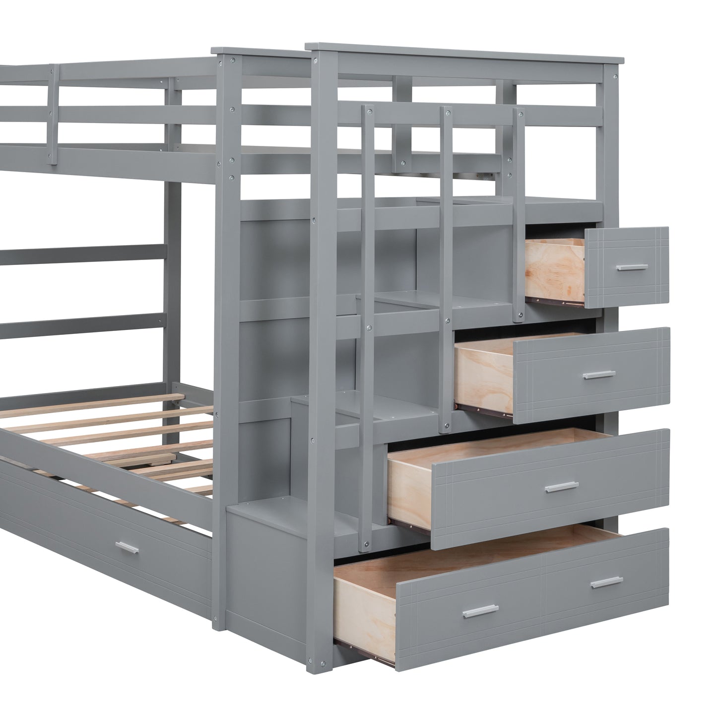 Gray Twin Bunk Bed with Trundle Staircase