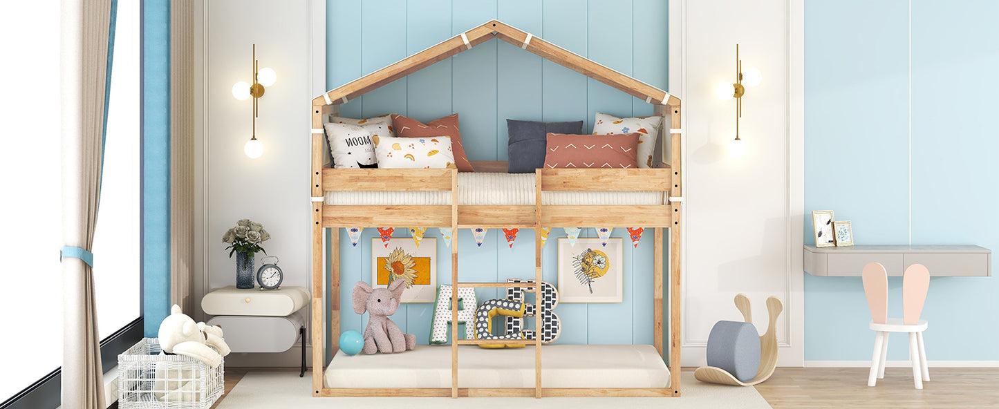 Natural Wood Twin Bunk Bed with Playful Tent in Rural Design