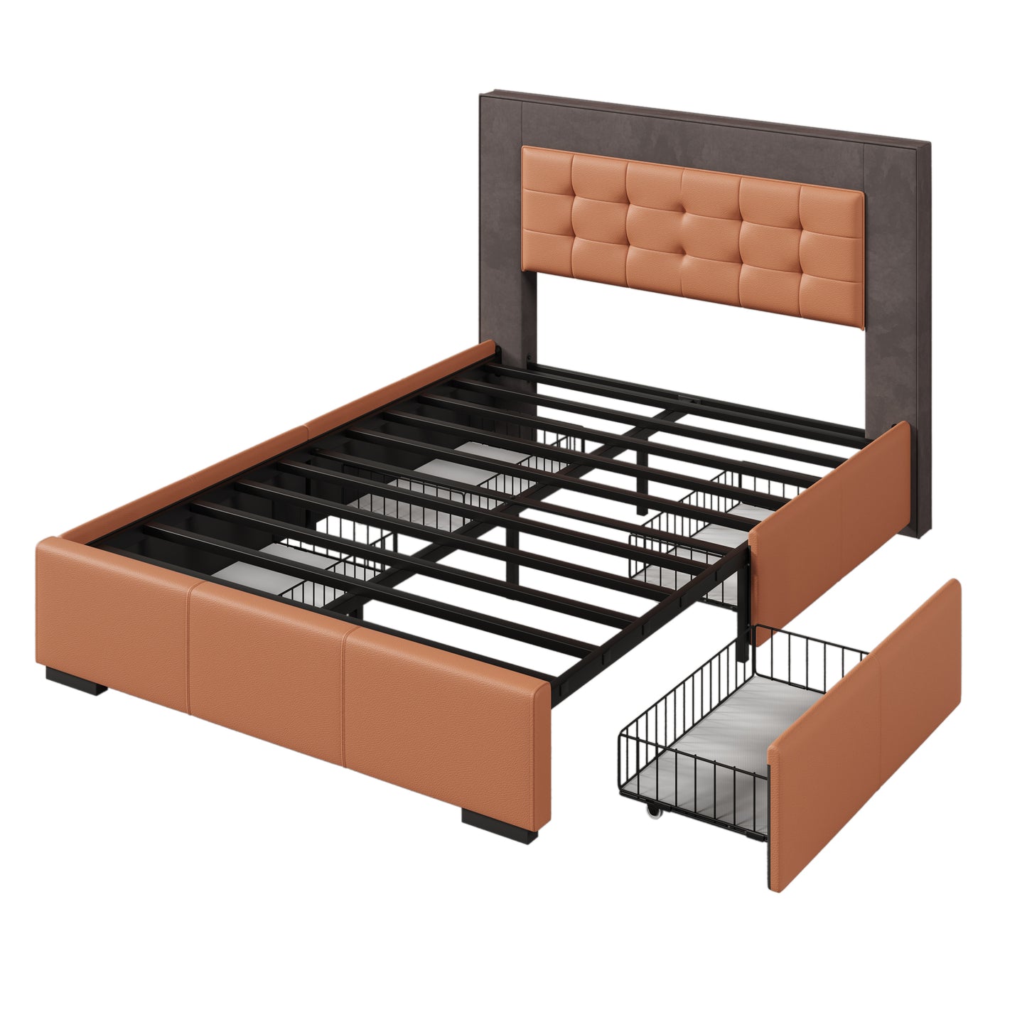 Modern Style Upholstered Queen Platform Bed Frame with Four Drawers, Button Tufted Headboard with PU Leather and Velvet, Two Color, Orange and Brown