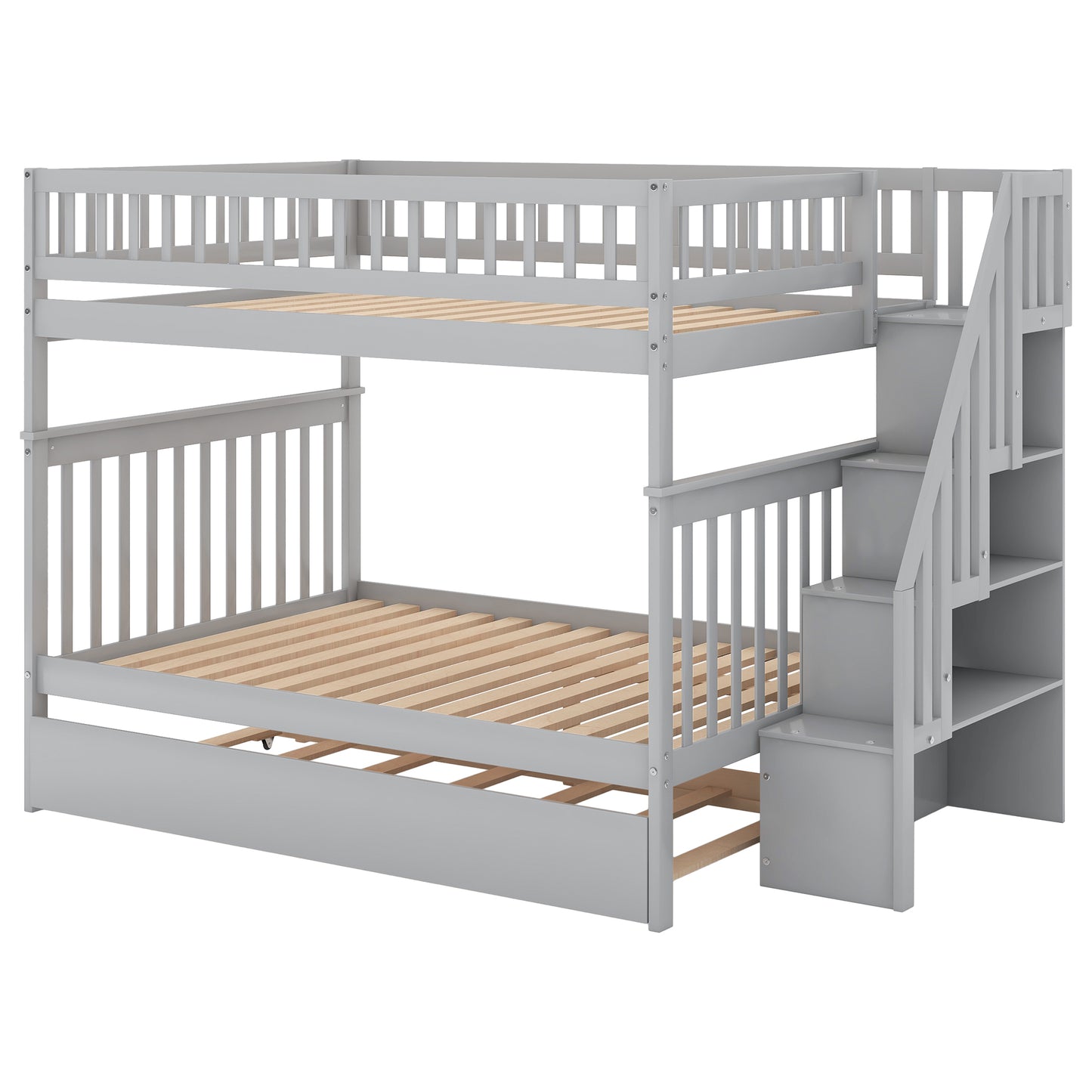 Gray Triple Sleeper Bunk Bed with Trundle and Staircase