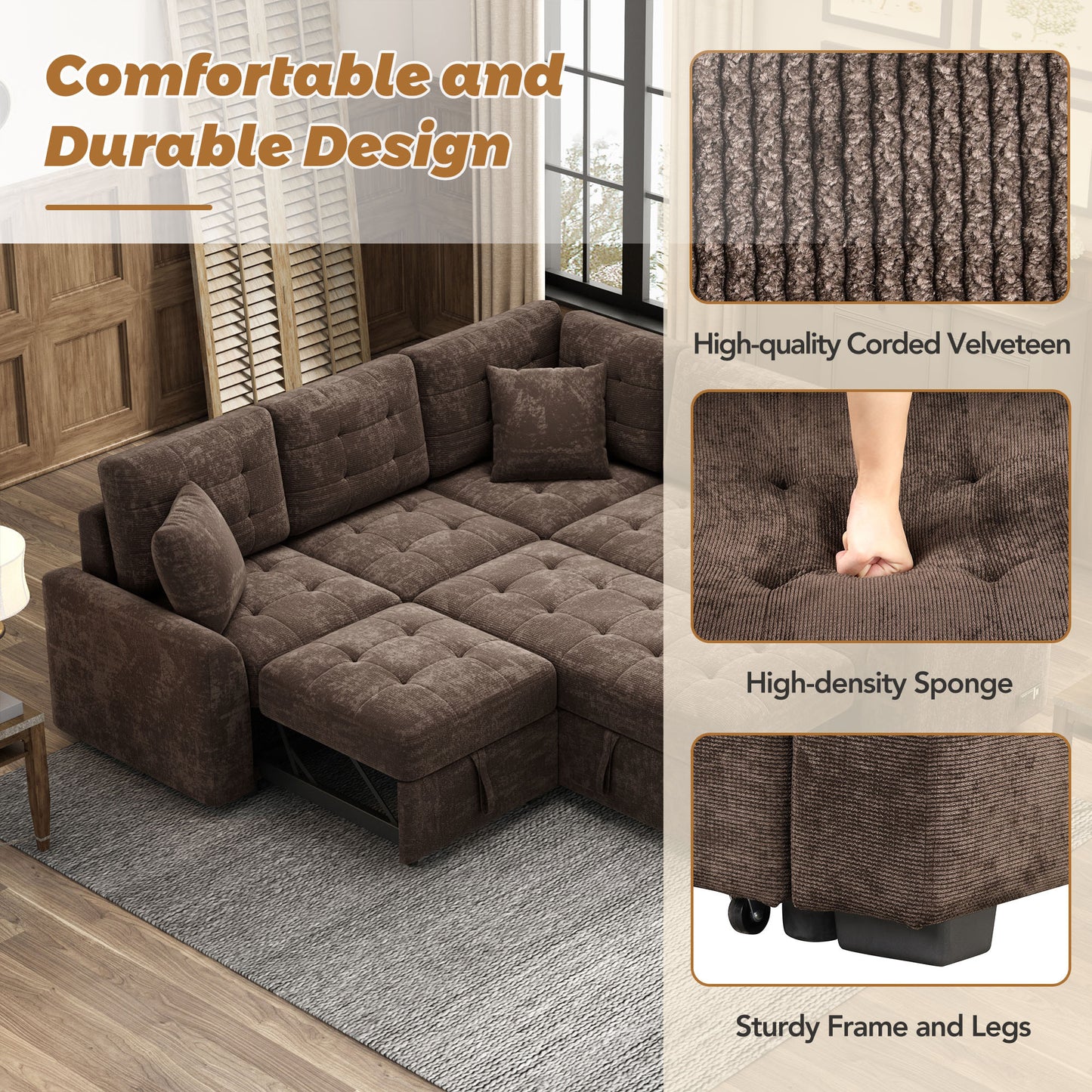 Convertible L-Shape Sleeper Sofa with USB Ports and Power Sockets, Brown