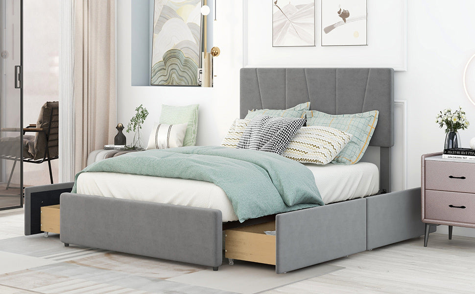 Full Size Upholstery Platform Bed with Four Drawers on Two Sides, Adjustable Headboard, Grey(: WF291773EAA)