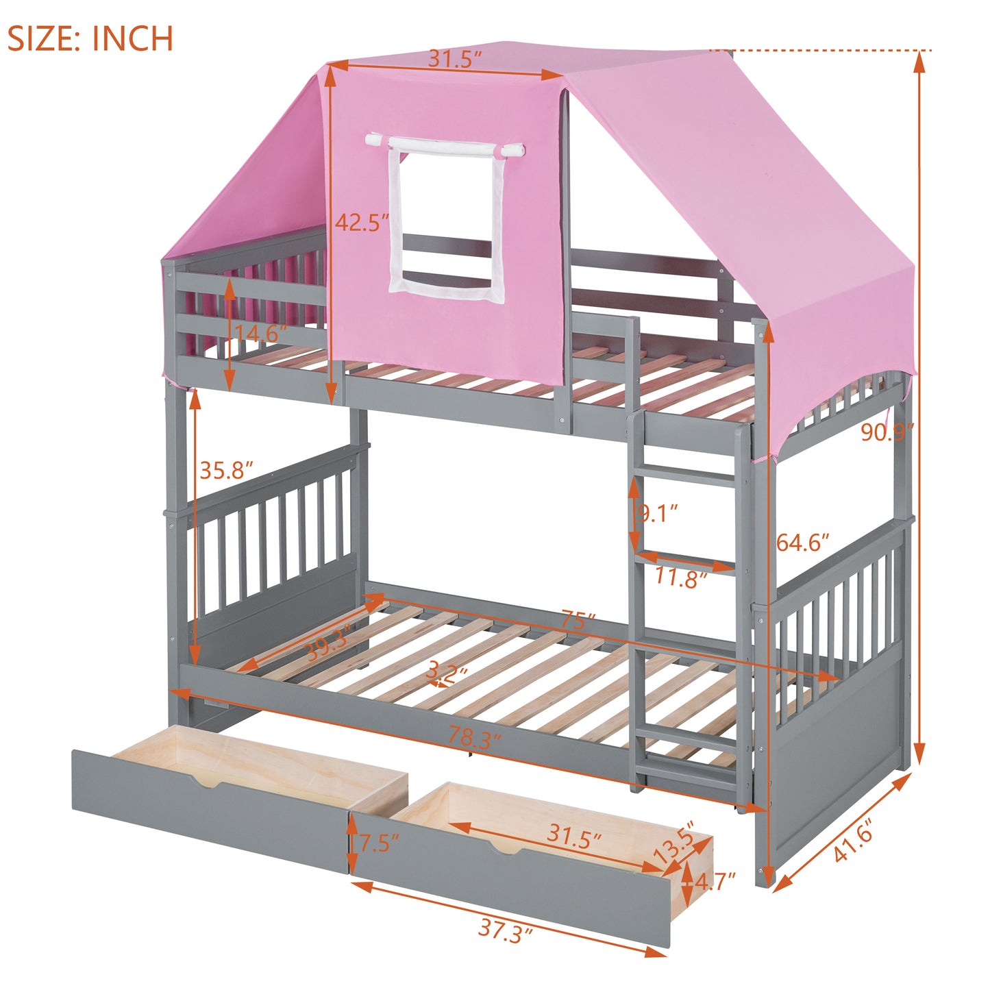 Gray and Pink Twin Over Twin Bunk Bed with Tent and Drawers for a Playful Bedroom Environment