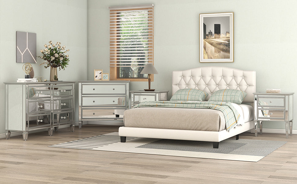 Upholstered Platform Bed with Saddle Curved Headboard and Diamond Tufted Details, Queen, Beige