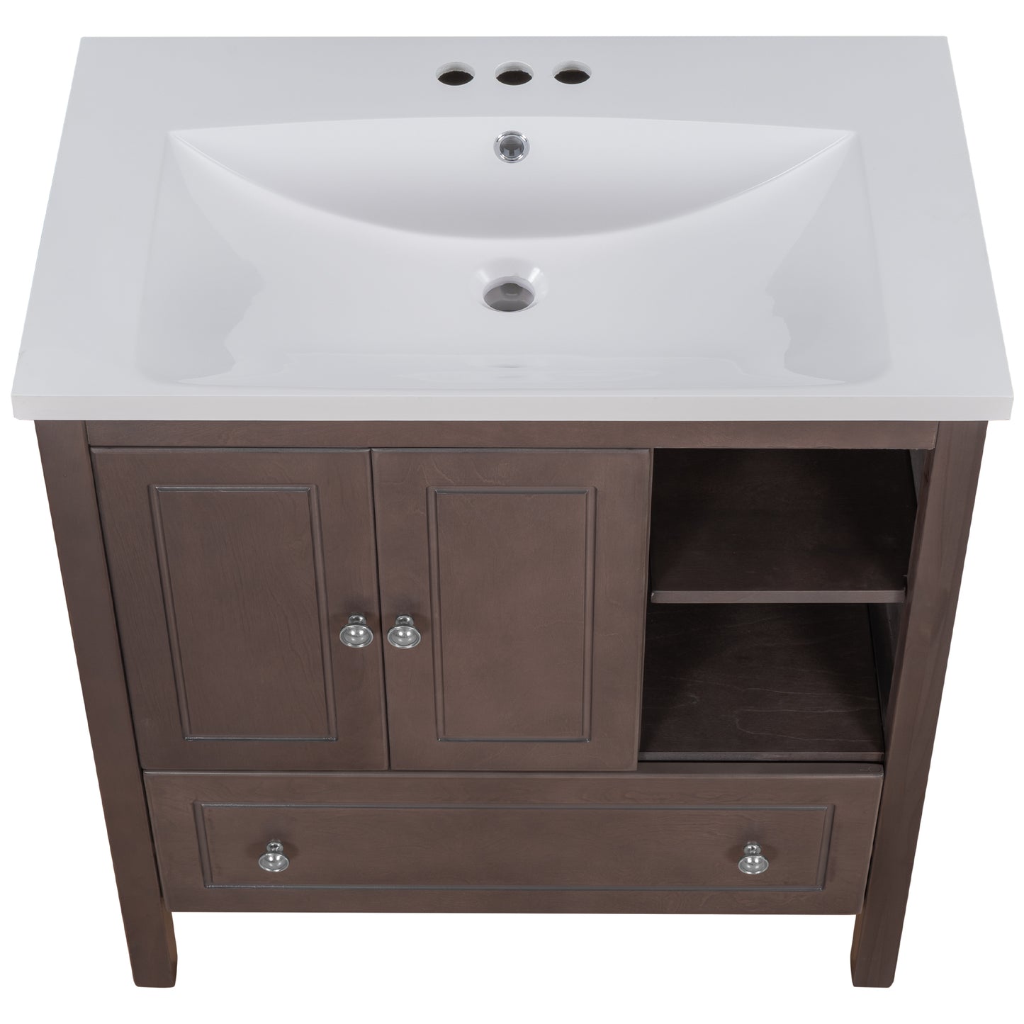 30" Bathroom Vanity with Sink, Bathroom Storage Cabinet with Doors and Drawers, Solid Wood Frame, Ceramic Sink, Brown