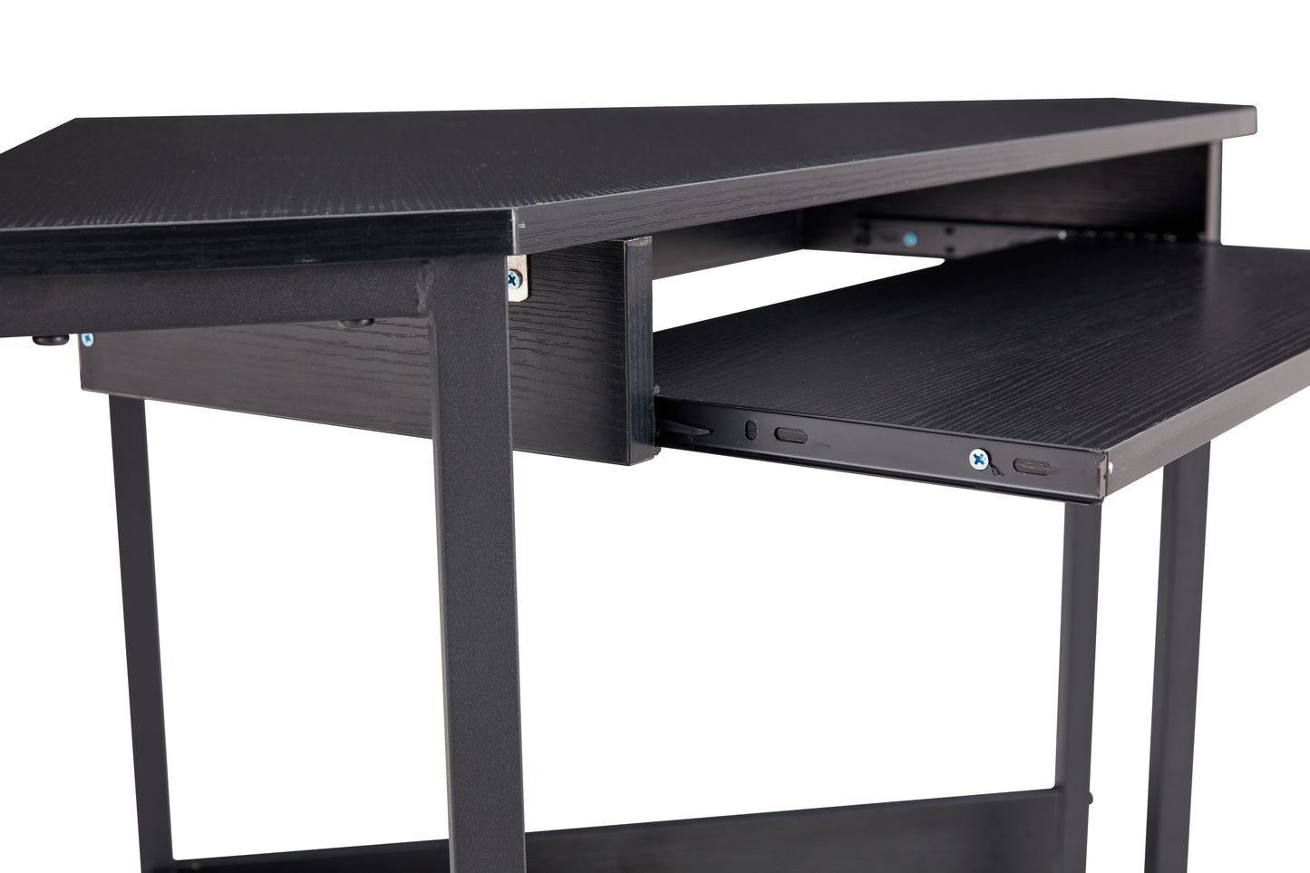 Sleek Black Triangle Desk with Keyboard Tray and Storage Shelves