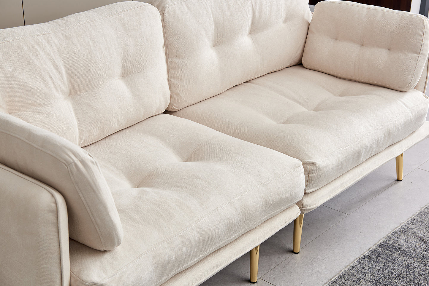 Beige 3-Seat Sofa with Gold Metal Legs and Cotton Linen Fabric