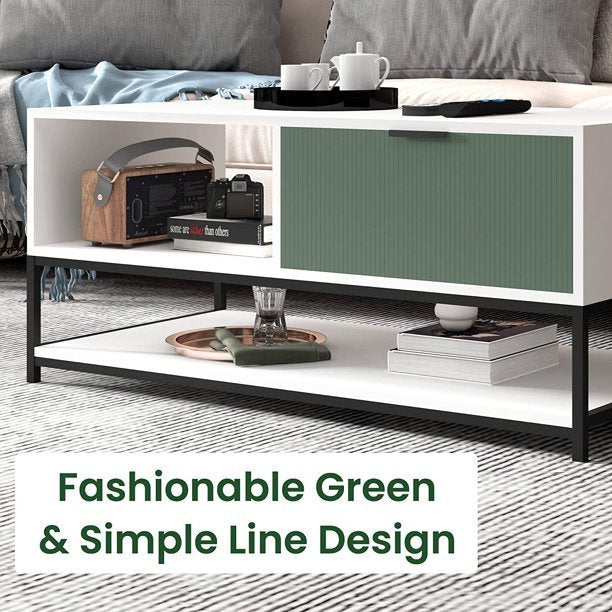 Watson White and Green Wood Coffee Table Steel Frame with Shelves and Drawer - Modern and Functional Coffee Table with Steel Frame and Storage Options