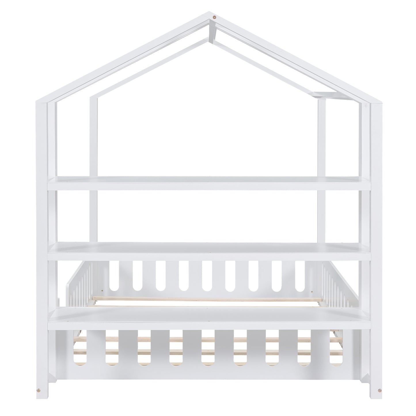 Full Size Wood House Bed with Fence and Detachable Storage Shelves, White(Expected Arrival Time: 1.7)