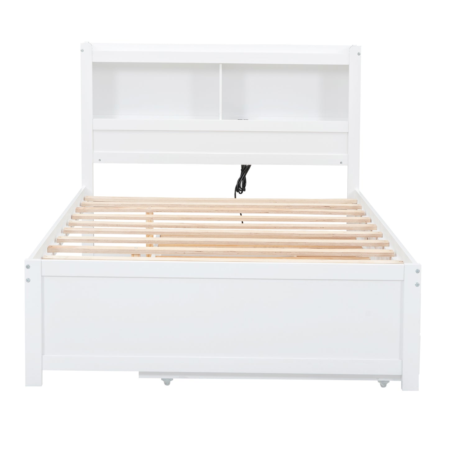 Full Size platform bed with trundle, drawers and USB plugs, White