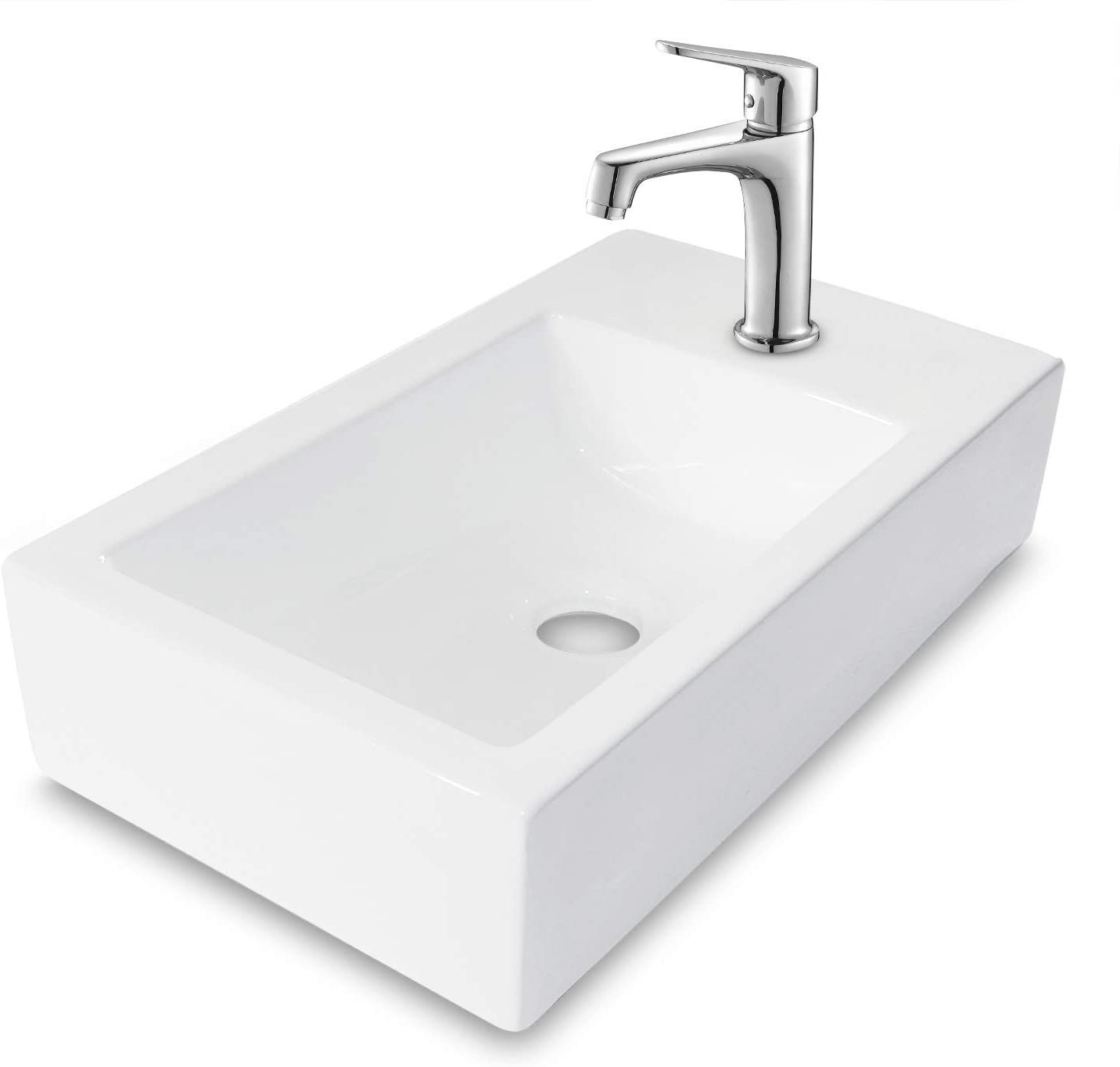 18x10 Inch White Ceramic Rectangle Wall Mount Bathroom Sink with Single Faucet Hole