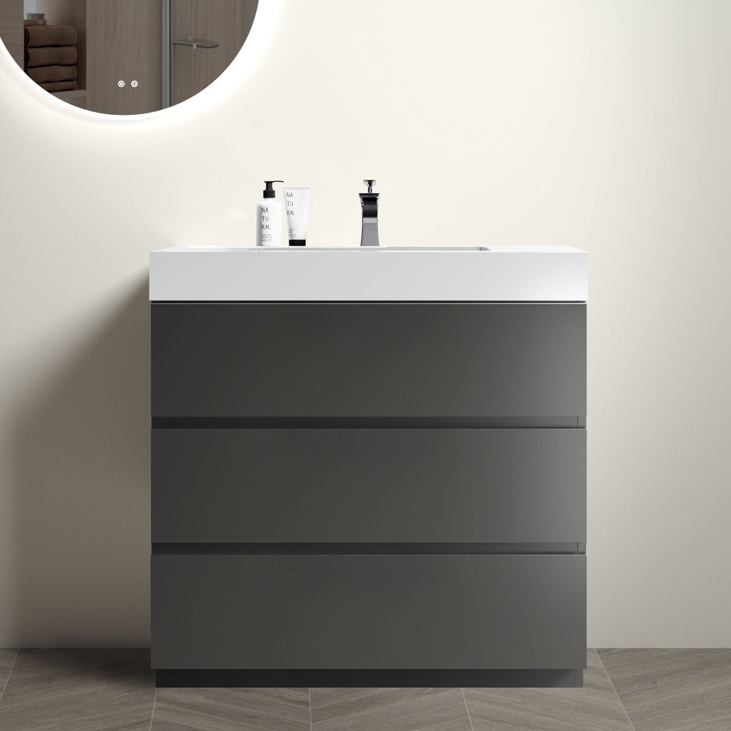 Alice-36F-102,Floor cabinet WITHOUT basin,Gray color,With three drawers