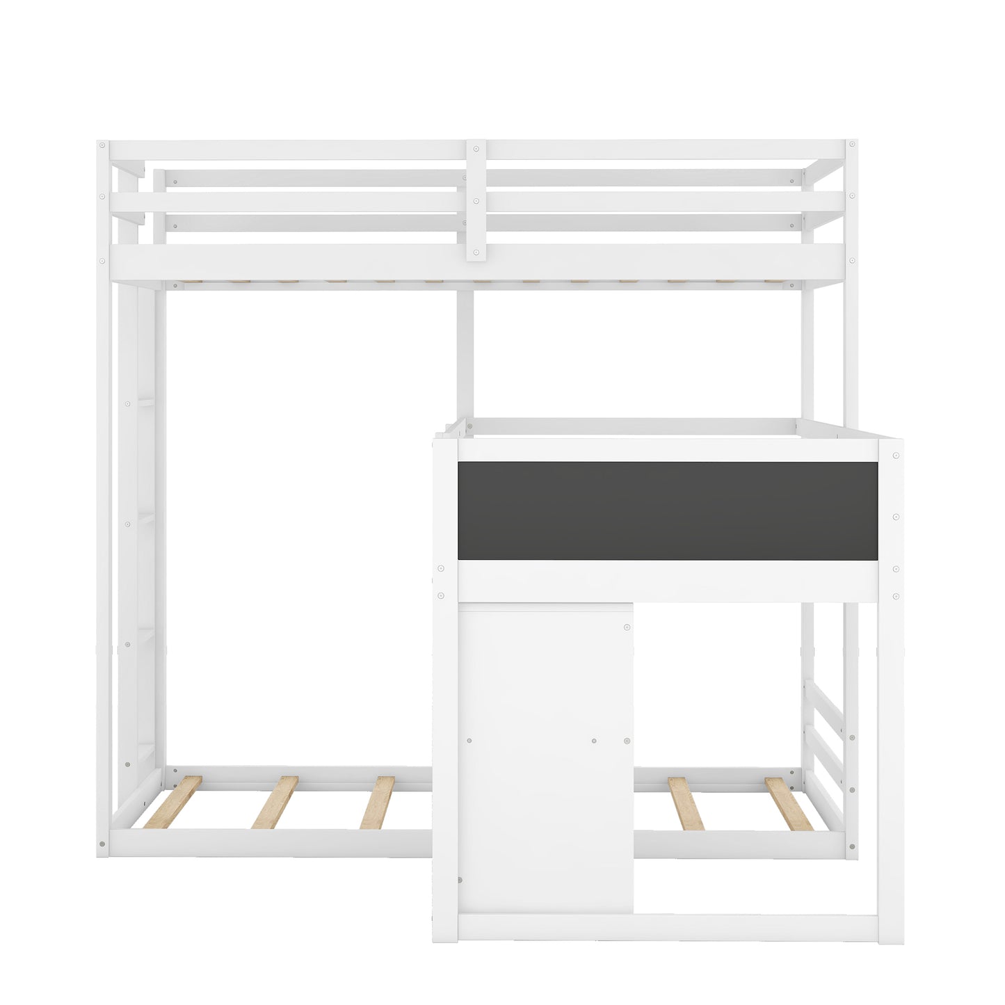 L-Shaped Triple Bunk Bed with Storage Cabinet, Blackboard, and White Finish - Innovative Space-Saving Solution