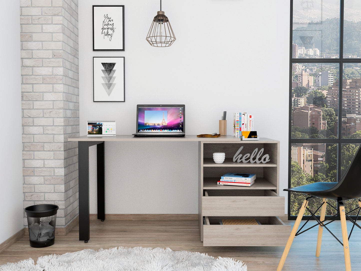 Cusco Light Gray Office Desk with Storage and Metal Legs