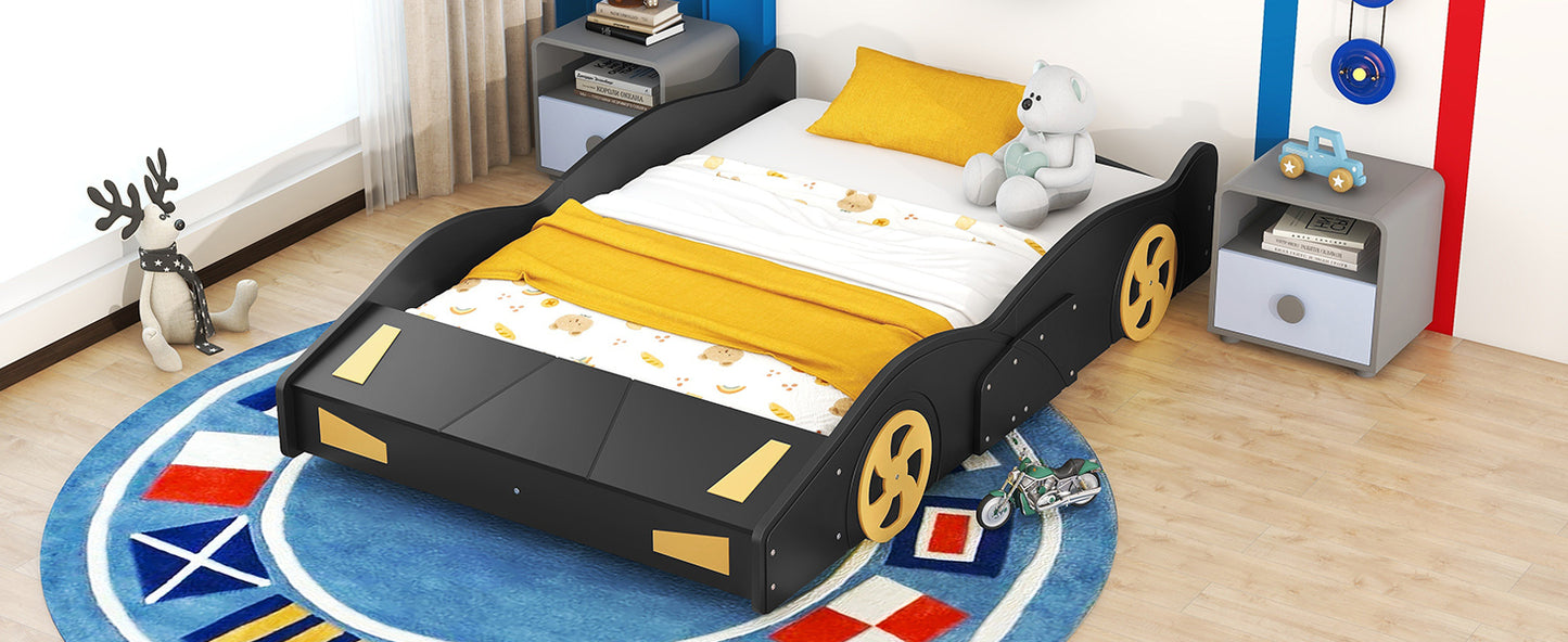 Full Size Race Car-Shaped Platform Bed with Wheels and Storage, Black+Yellow