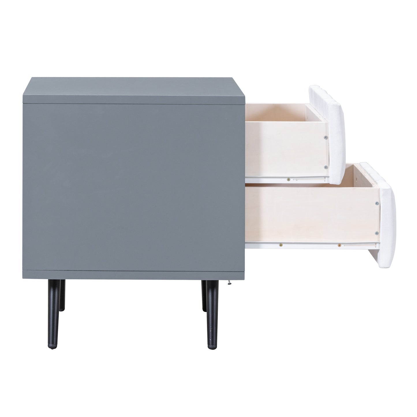 2-Drawer Nightstand for Bedroom, Mordern Wood+Linen Bedside Table with Classic Design,Gray+White