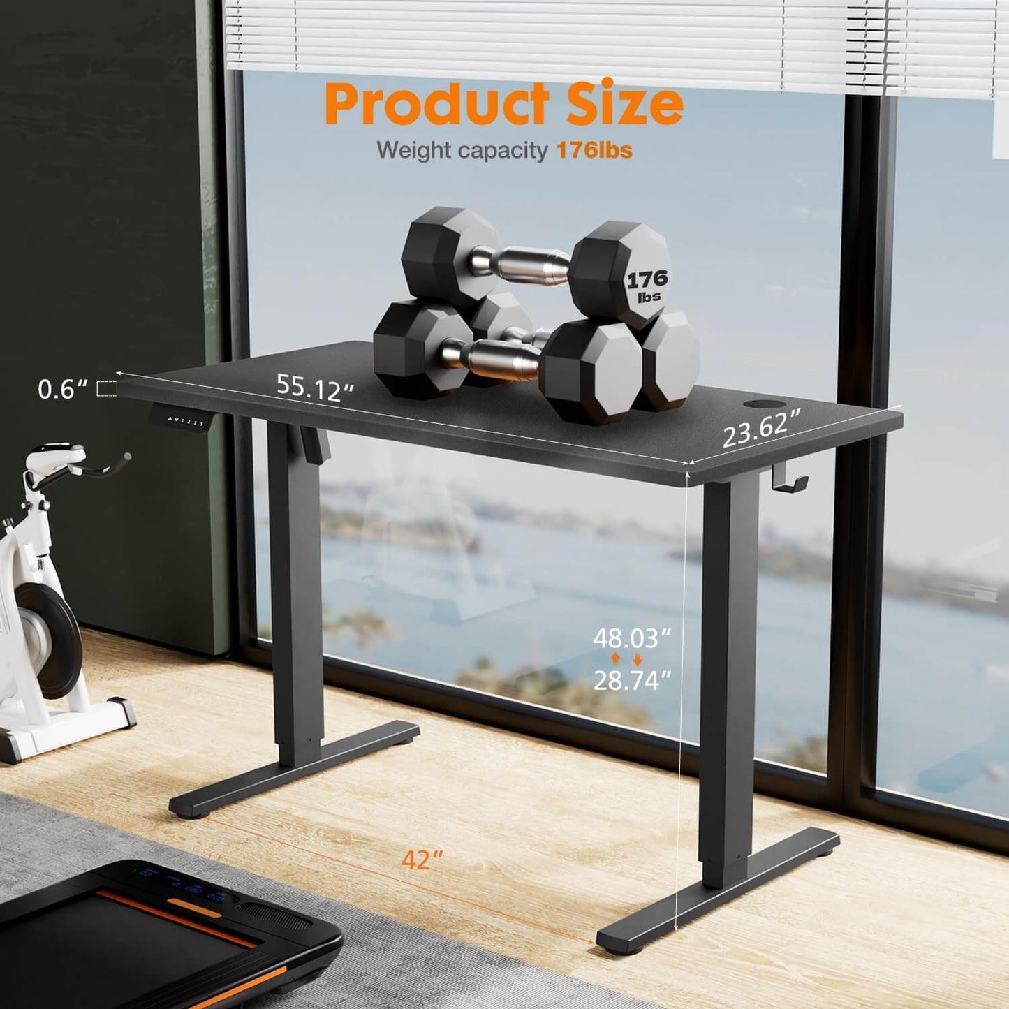 Height Adjustable Electric Standing Desk with Advanced Motor System, Black, 55'' x 24