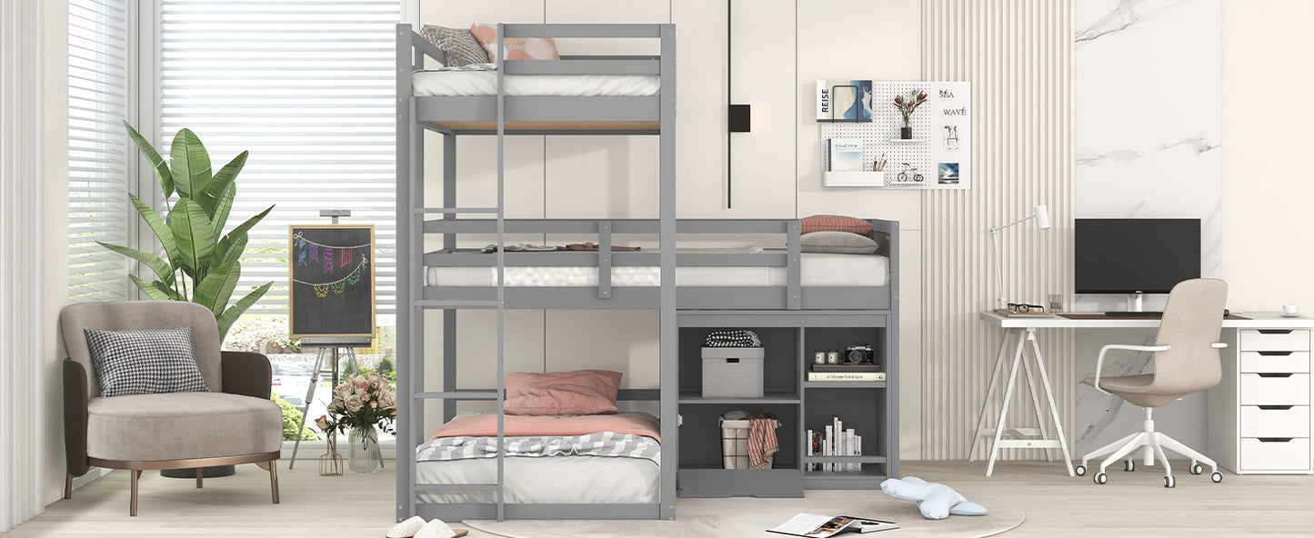 Gray L-shaped Triple Bunk Bed with Storage and Blackboard