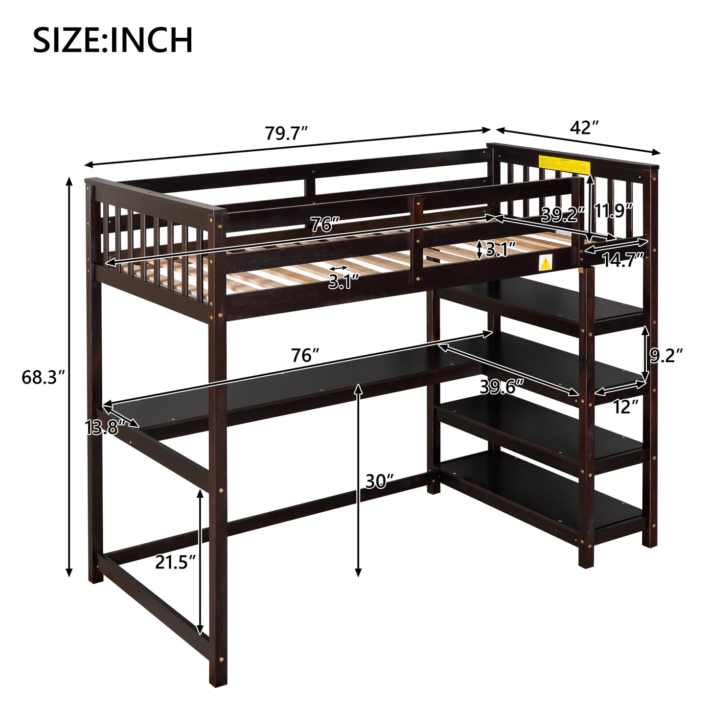 Twin Size Loft Bed with Storage Shelves and Under-bed Desk, Espresso(OLD SKU:SM000245AAP-1)