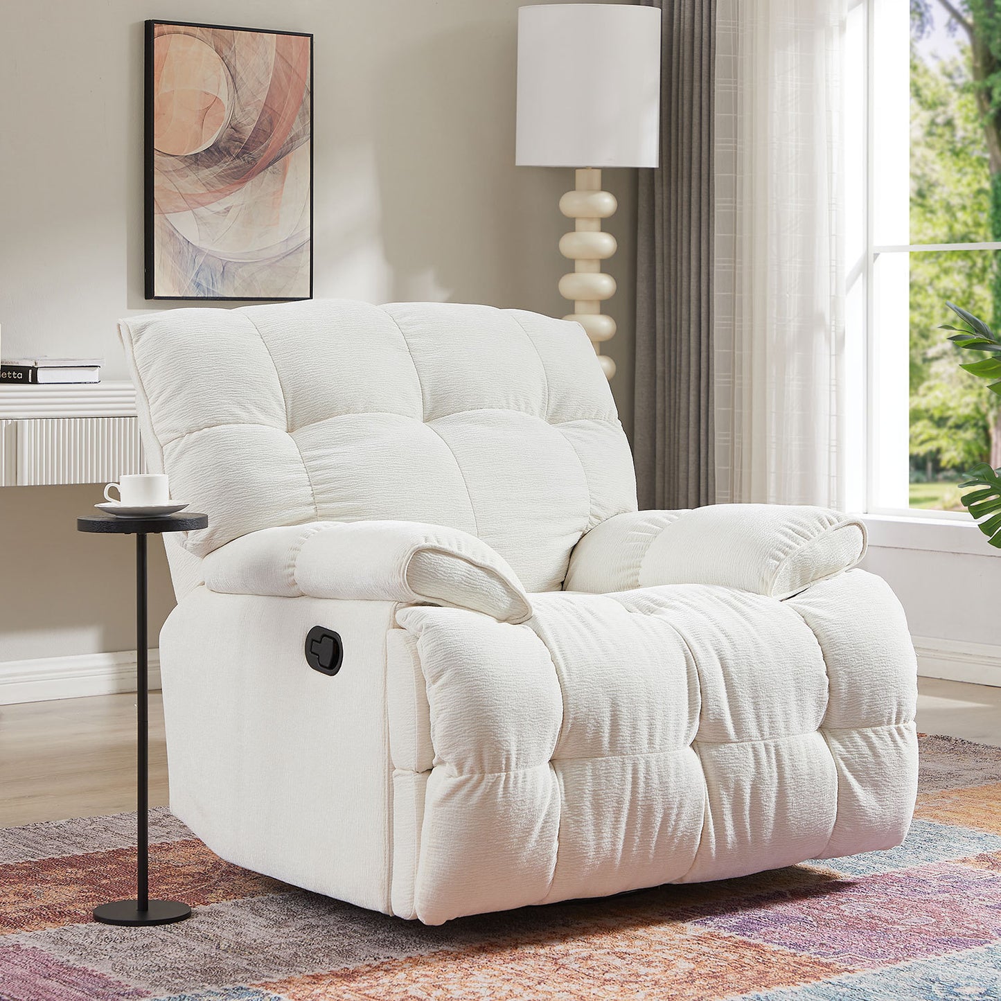 Cream 360 Degree Swivel Fabric Reclining Chair with Overstuffed Backrest