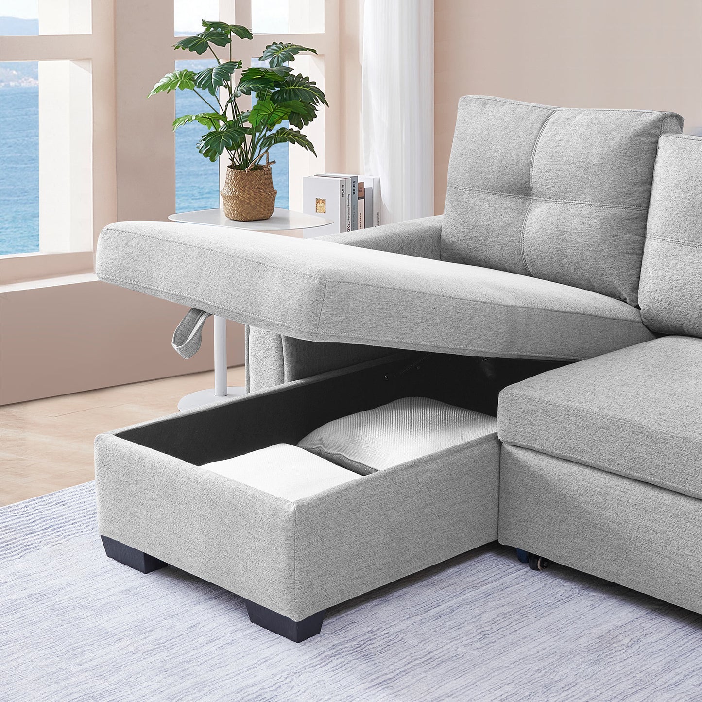 Modular Reversible Sleeper Sectional Sofa with Storage Chaise - Light Grey