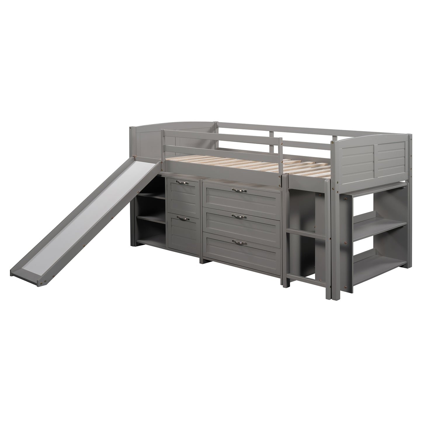 Low Twin Size Loft Bed with Cabinets, Shelves and Slide - Gray