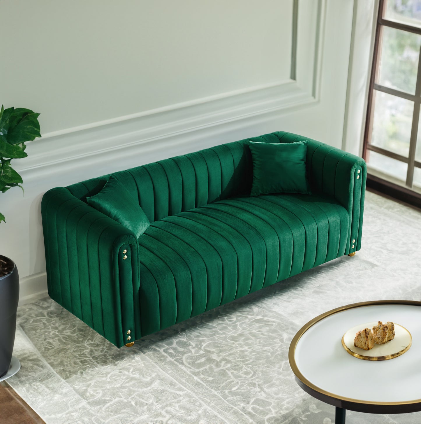 Sumptuous Green Velvet Sofa with Vertical Channel Tufting - 79.92 Comfortable Living Room Couch