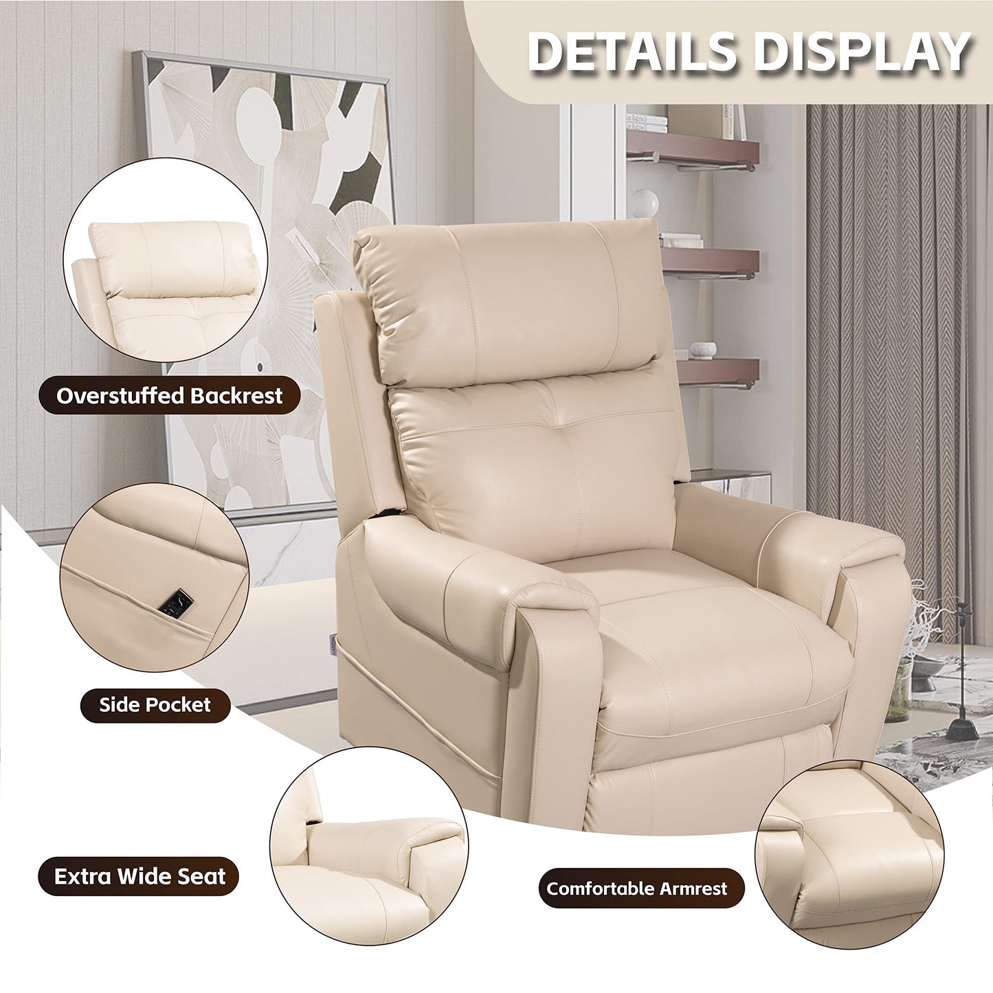 Electric Power Lift Chair Recliner with Massage and Heating for Elderly (Beige)