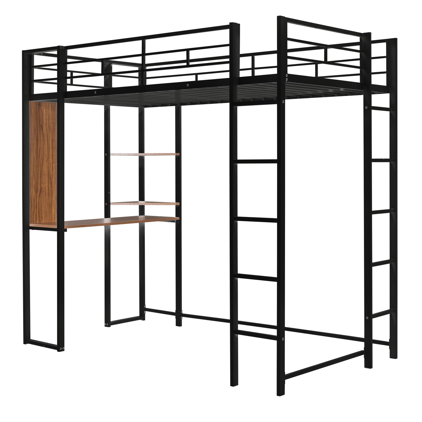 Twin Metal Loft Bed with 2 Shelves and one Desk ,BLACK(: MF281206AAB)