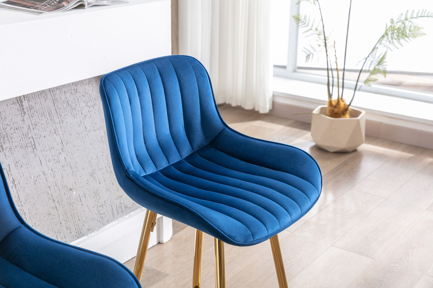 30 inch Set of 2 Bar Stools,with Chrome Footrest Velvet Fabric Counter Stool Golden Leg Simple High Bar Stool,BLUE