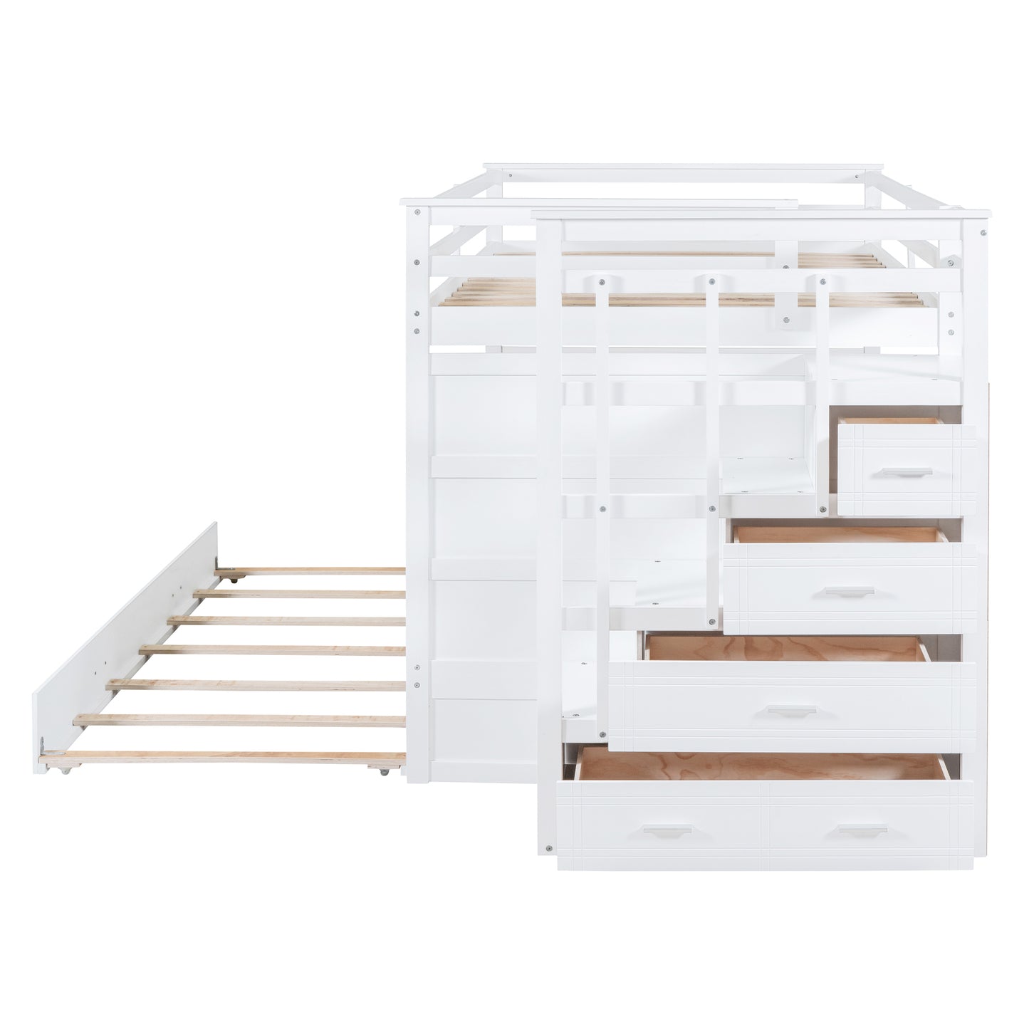 White Full-Over-Full Bunk Bed with Staircase and Trundle