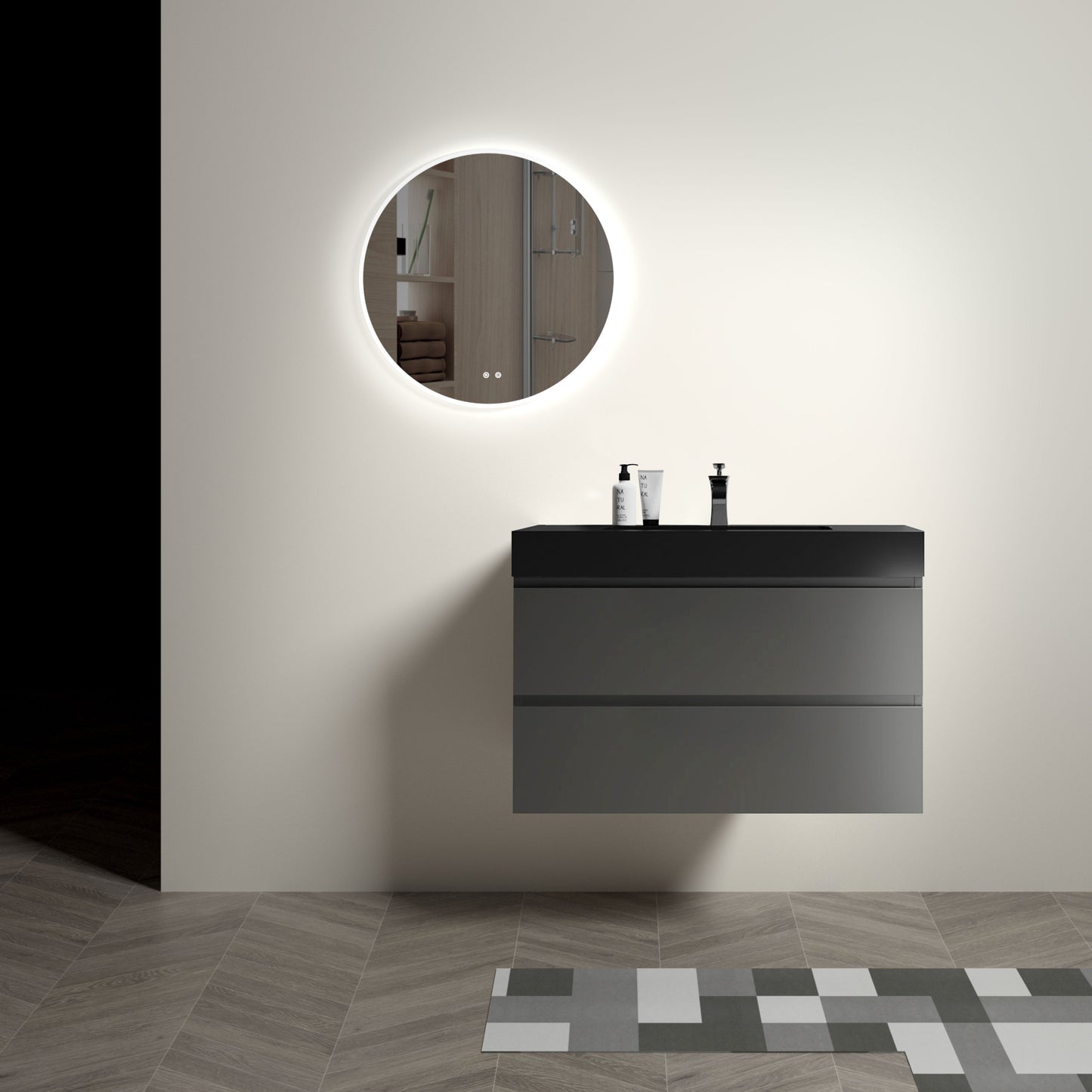 Alice 36" Gray Bathroom Vanity with Sink, Large Storage Wall Mounted Floating Bathroom Vanity for Modern Bathroom, One-Piece Black Sink Basin without Drain and Faucet