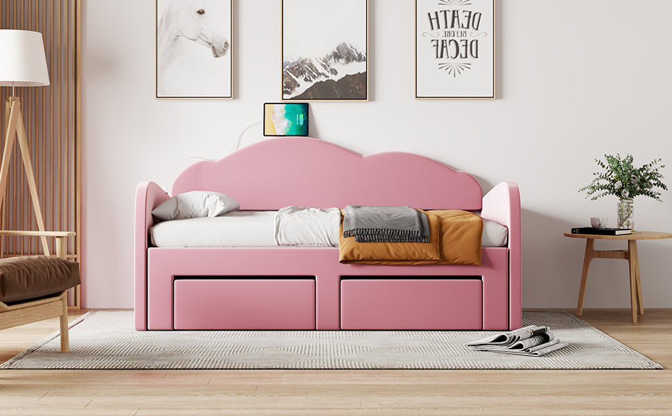 Twin Size Upholstered daybed with Cloud-Shaped Backrest, Trundle & 2 Drawers and USB Ports, Pink