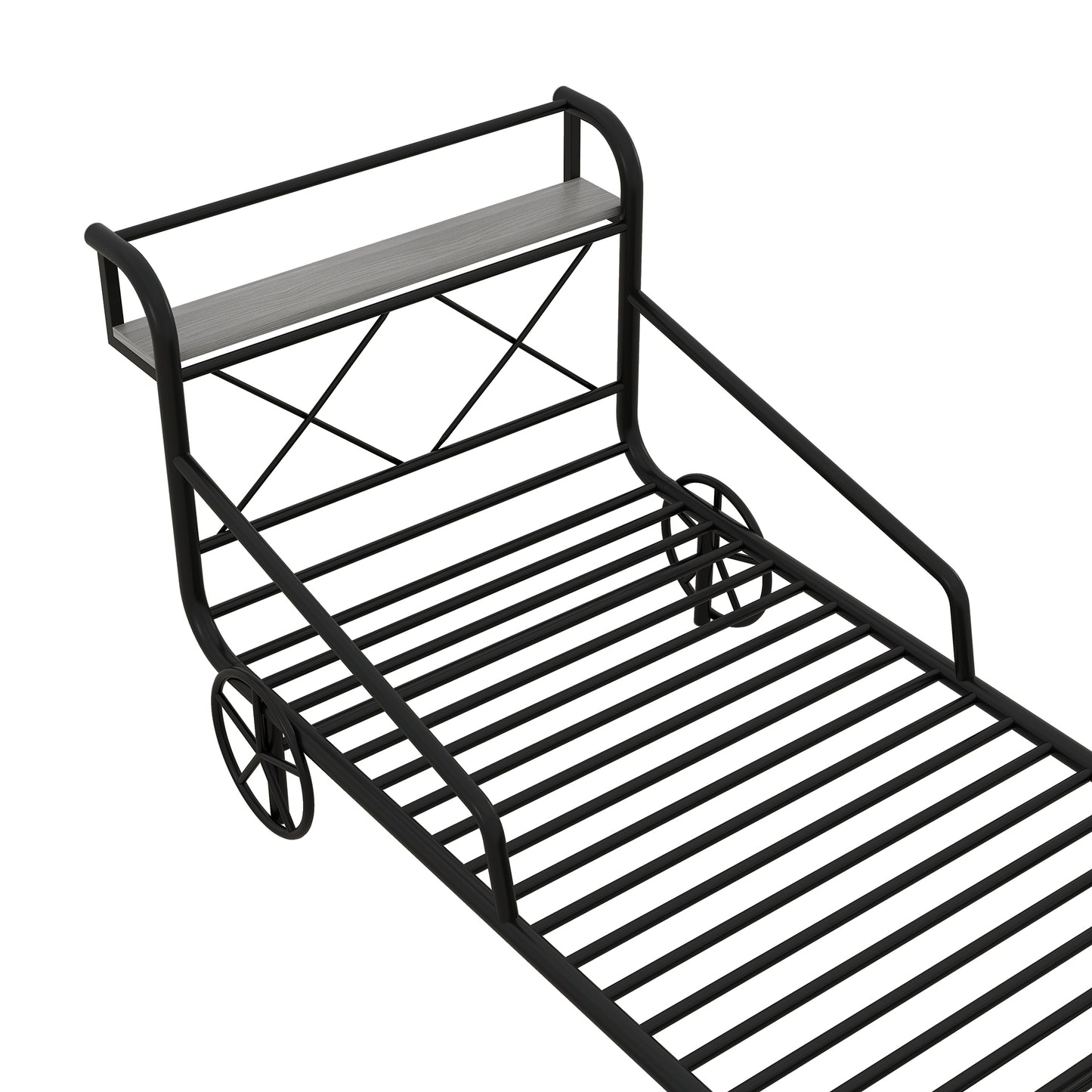 Twin Size Metal Car Bed with Four Wheels, Guardrails and  X-Shaped Frame Shelf, Black(: MF297599AAB)