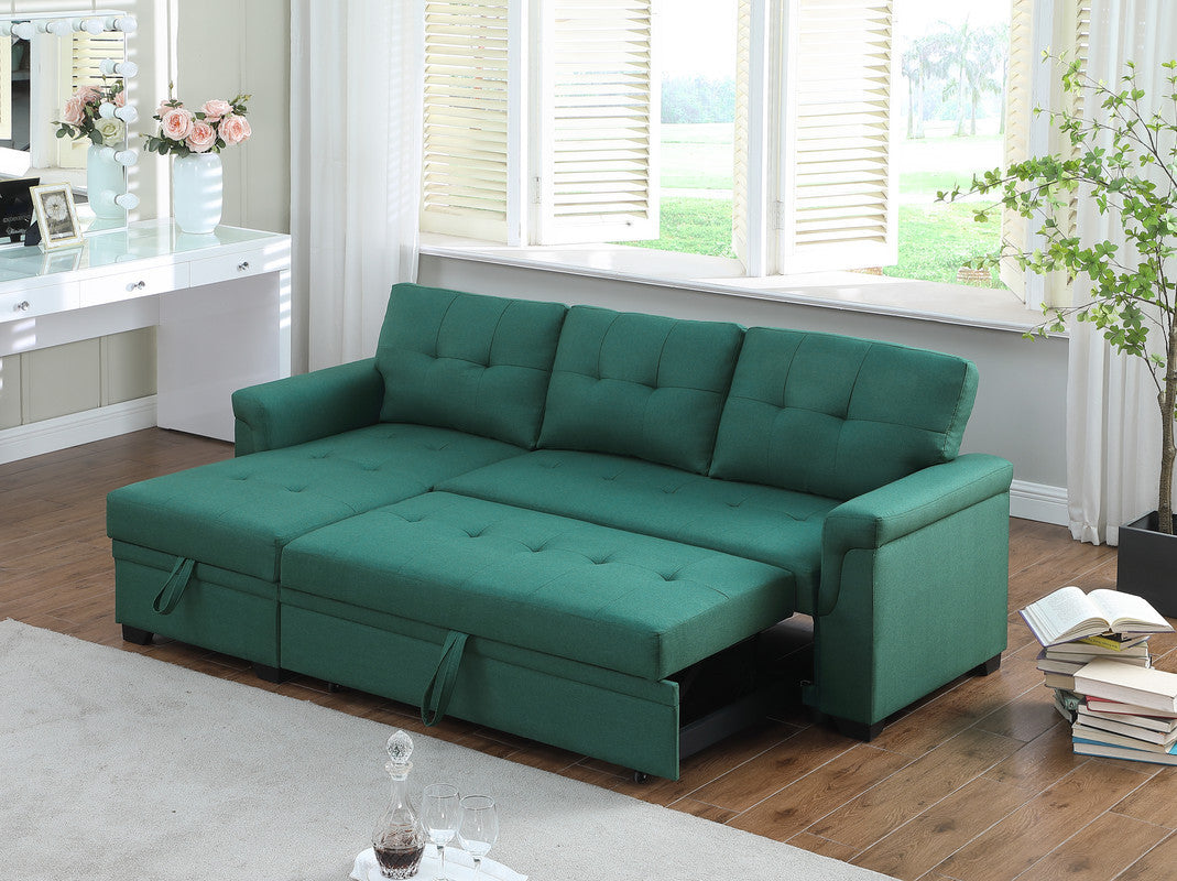 Lucca Emerald Linen Reversible Sleeper Sectional Sofa with Storage Chaise