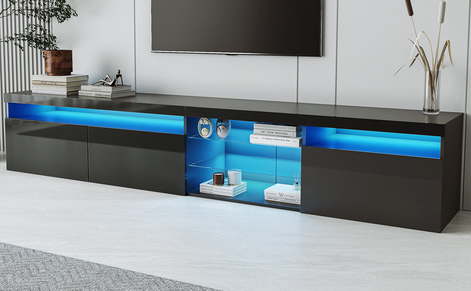 Contemporary Black LED TV Stand with Glass Shelves and Ample Storage Space