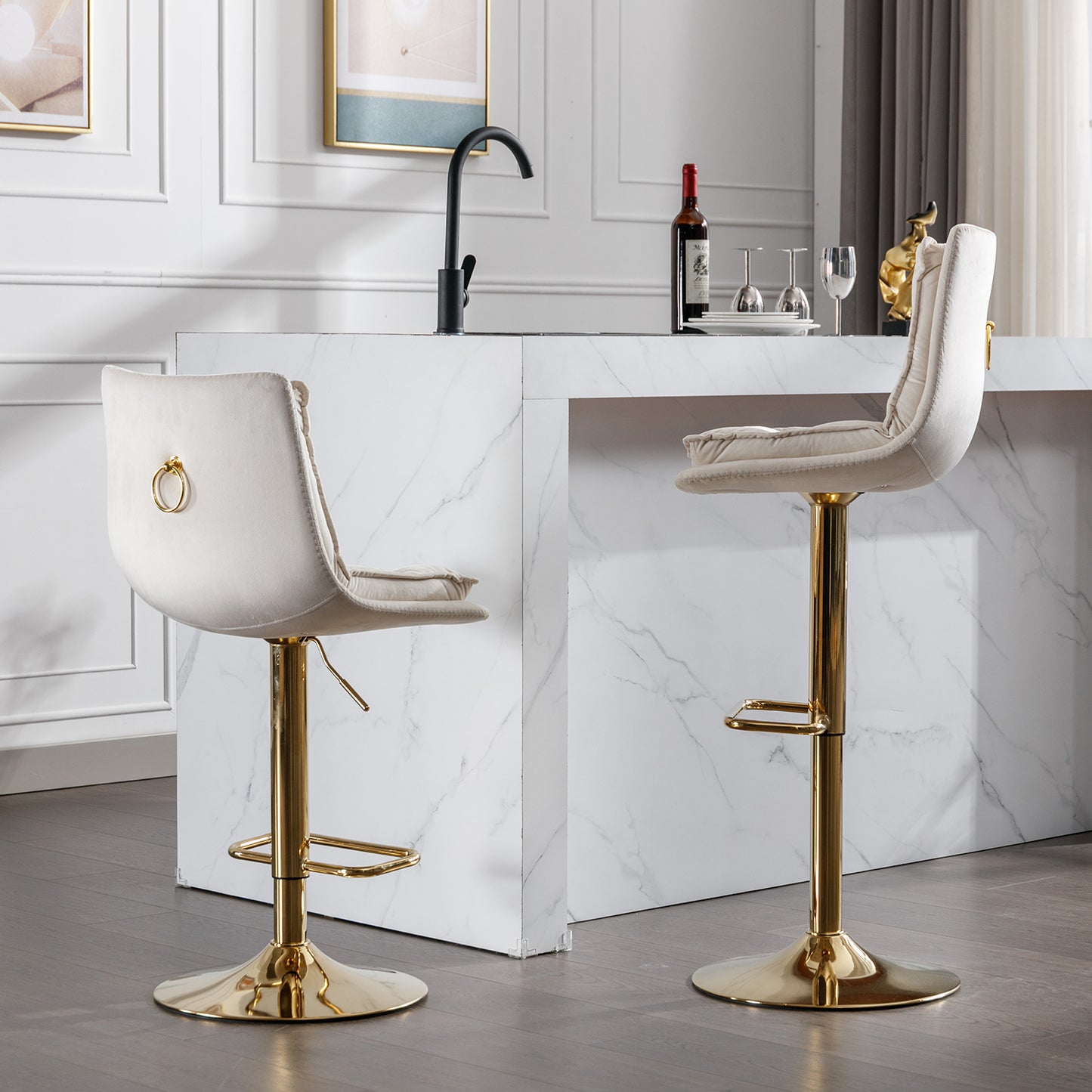 Set of 2 Bar Stools,with Chrome Footrest and Base Swivel Height Adjustable Mechanical Lifting Velvet + Golden Leg Simple Bar Stoo,cream