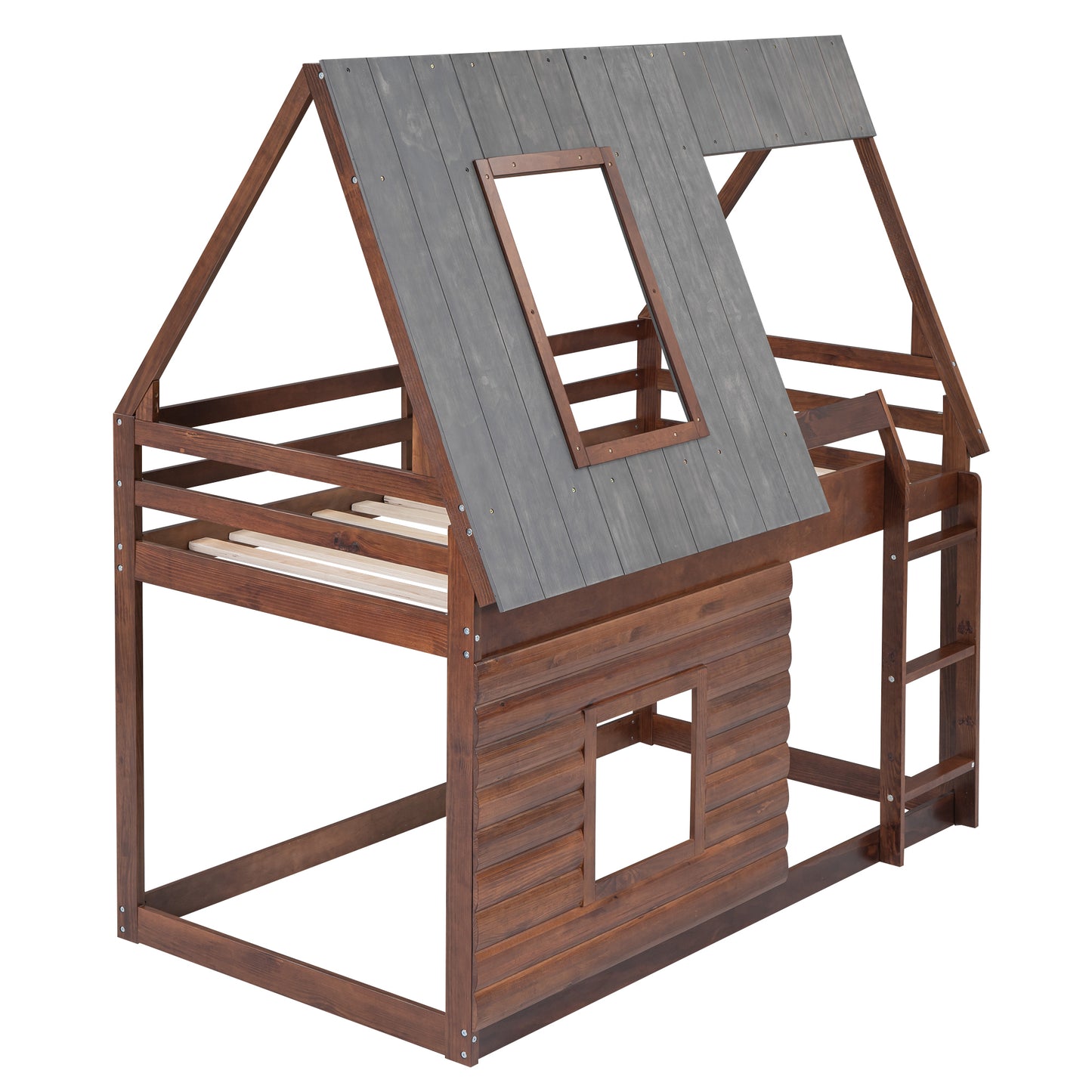 Cozy Rustic Oak and Smoky Grey House Bunk Bed with Roof, Ladder, and Windows for Kids