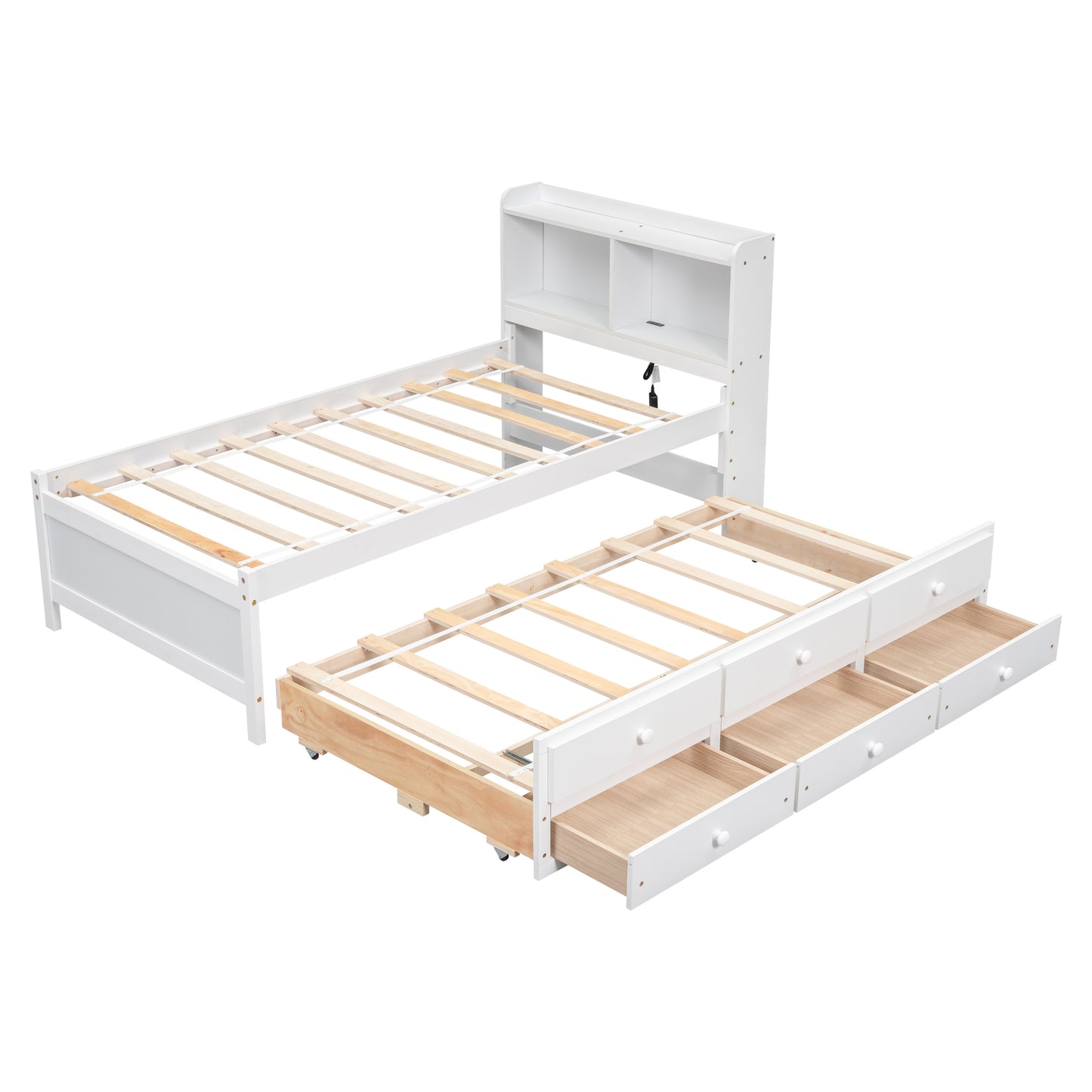 Twin Size Bed with  built-in USB ,Type-C Ports, LED light, Bookcase Headboard, Trundle and 3 Storage Drawers, Twin Size Bed with  Bookcase Headboard, Trundle and Storage drawers  ,White