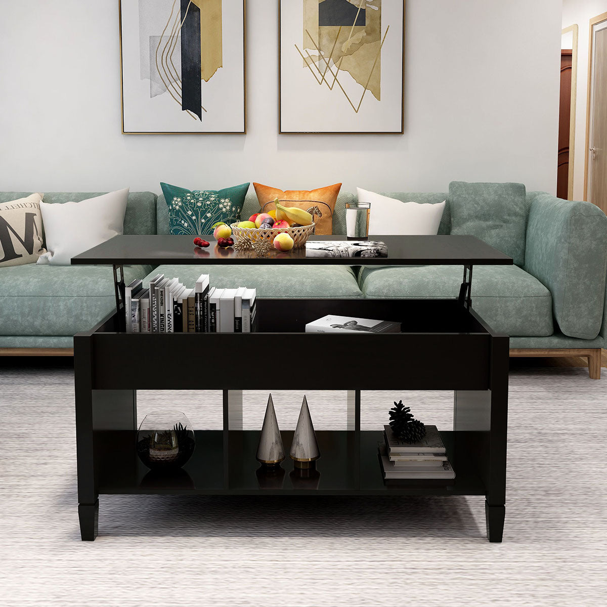 Adjustable Lift Top Coffee Table with Storage - Black