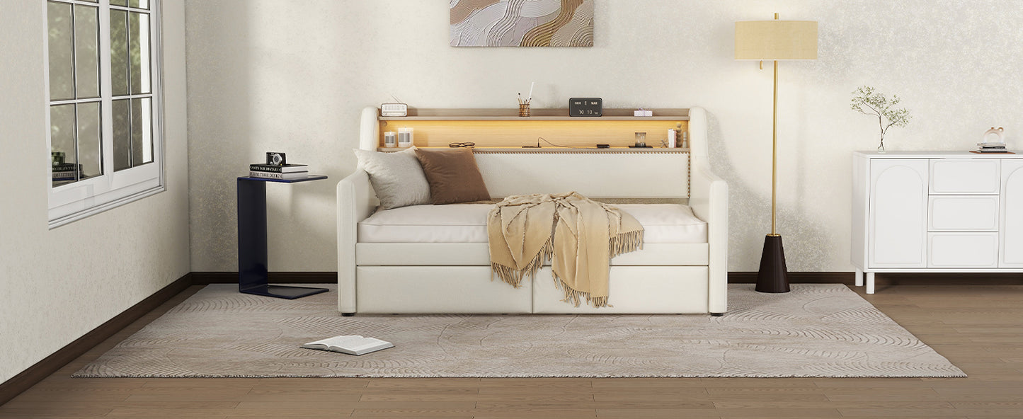 Twin Size Daybed with Storage Drawers, Upholstered Daybed with Charging Station and LED Lights, White