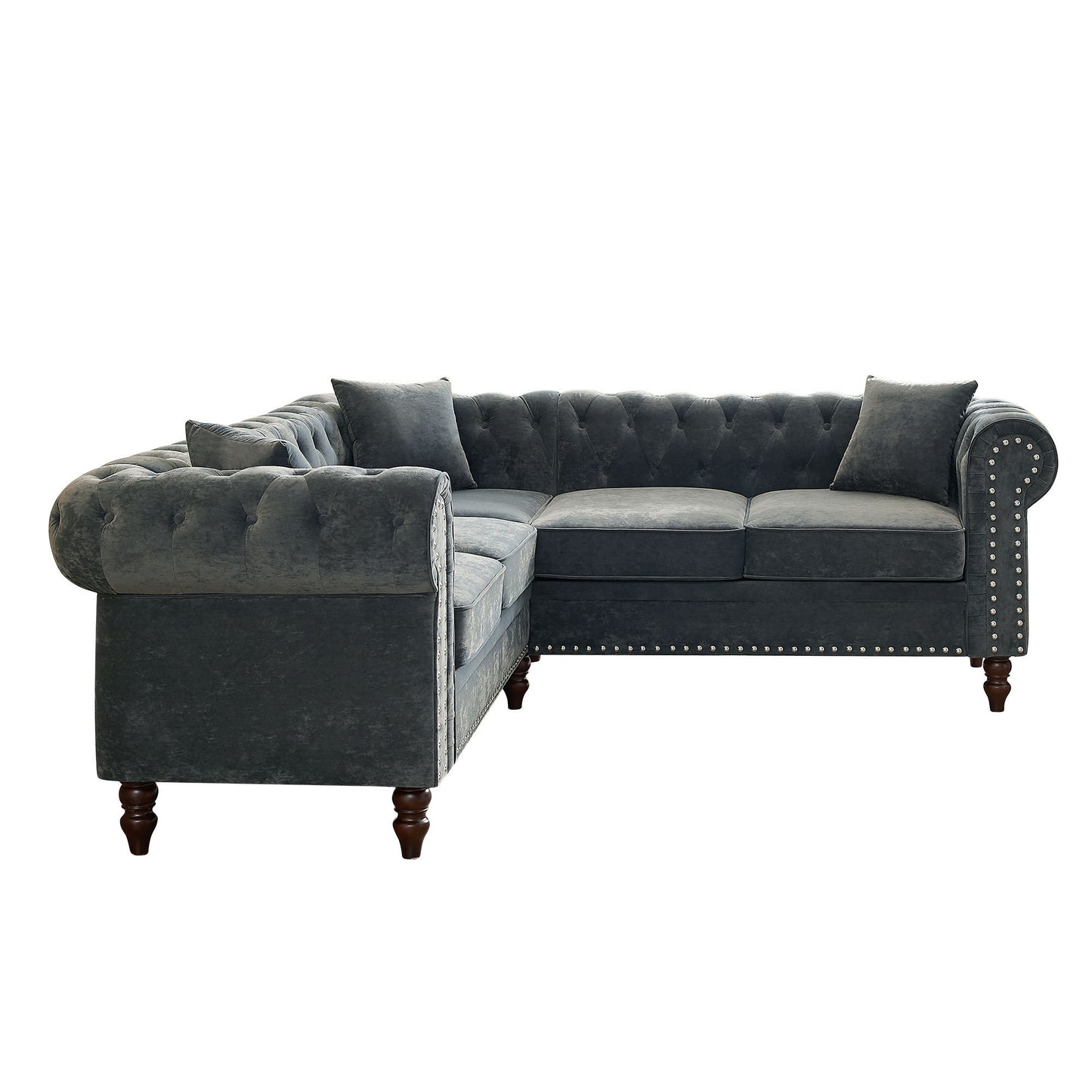 MH 80 Deep Button Tufted Upholstered Grey Velvet L-shaped Sofa with 3 Pillows and Solid Wood Gourd Legs