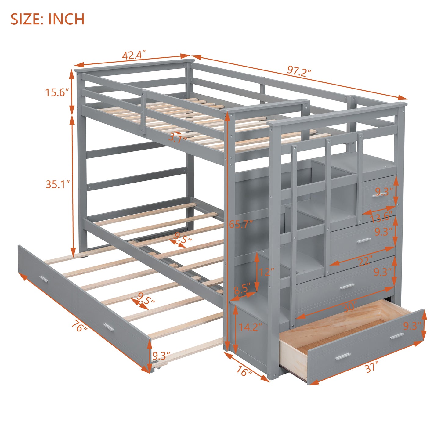 Gray Twin Bunk Bed with Trundle Staircase