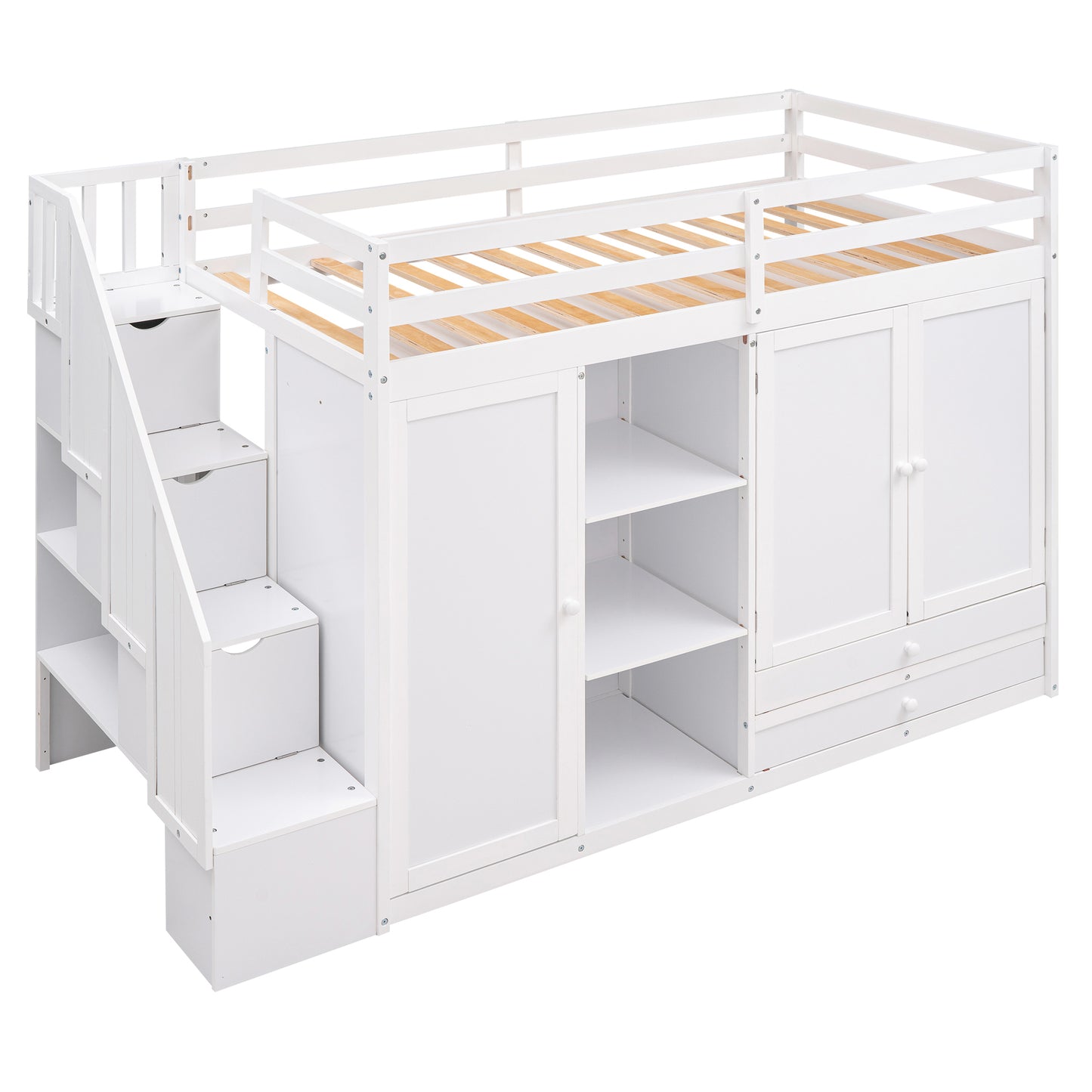 Functional Loft Bed with 3 Shelves, 2 Wardrobes and 2 Drawers,  Ladder with Storage, No Box Spring Needed, White