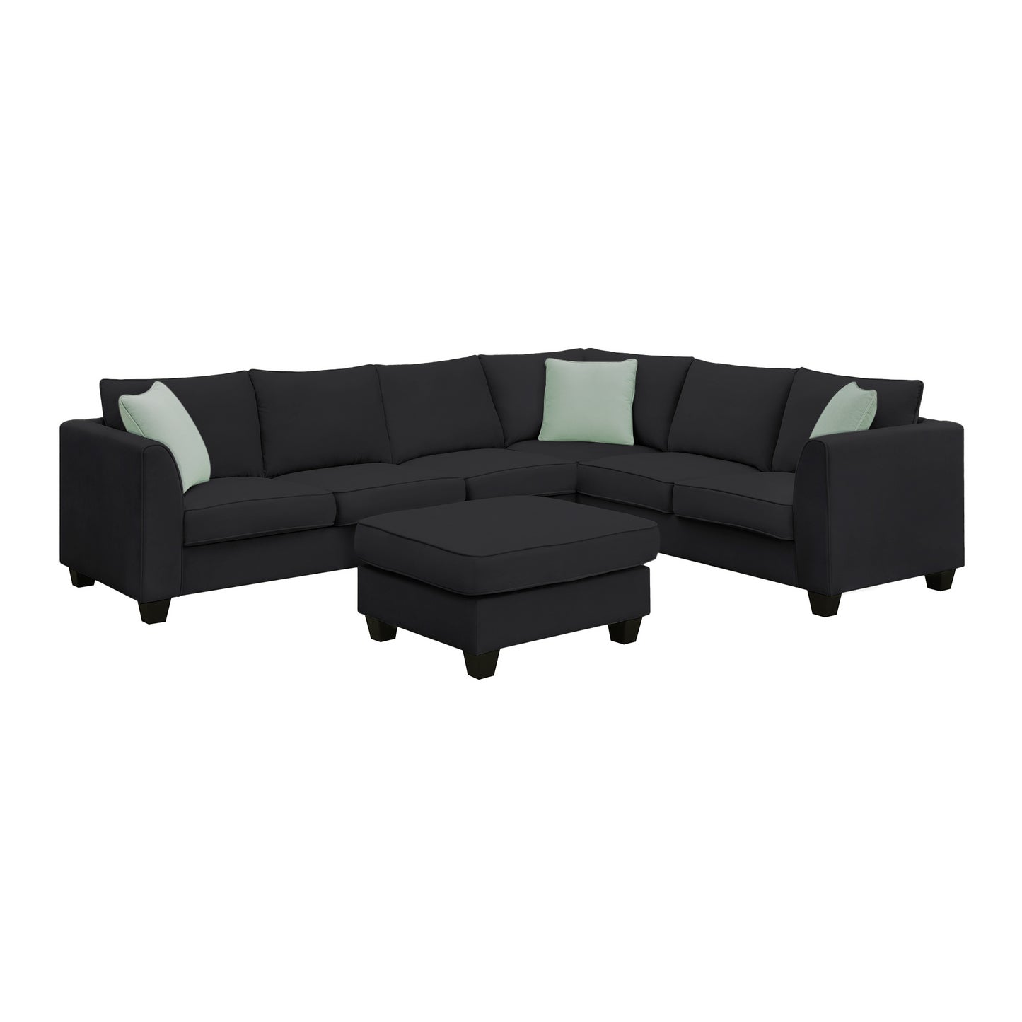 L-Shaped Black Sectional Couch Set with Ottoman and Pillows