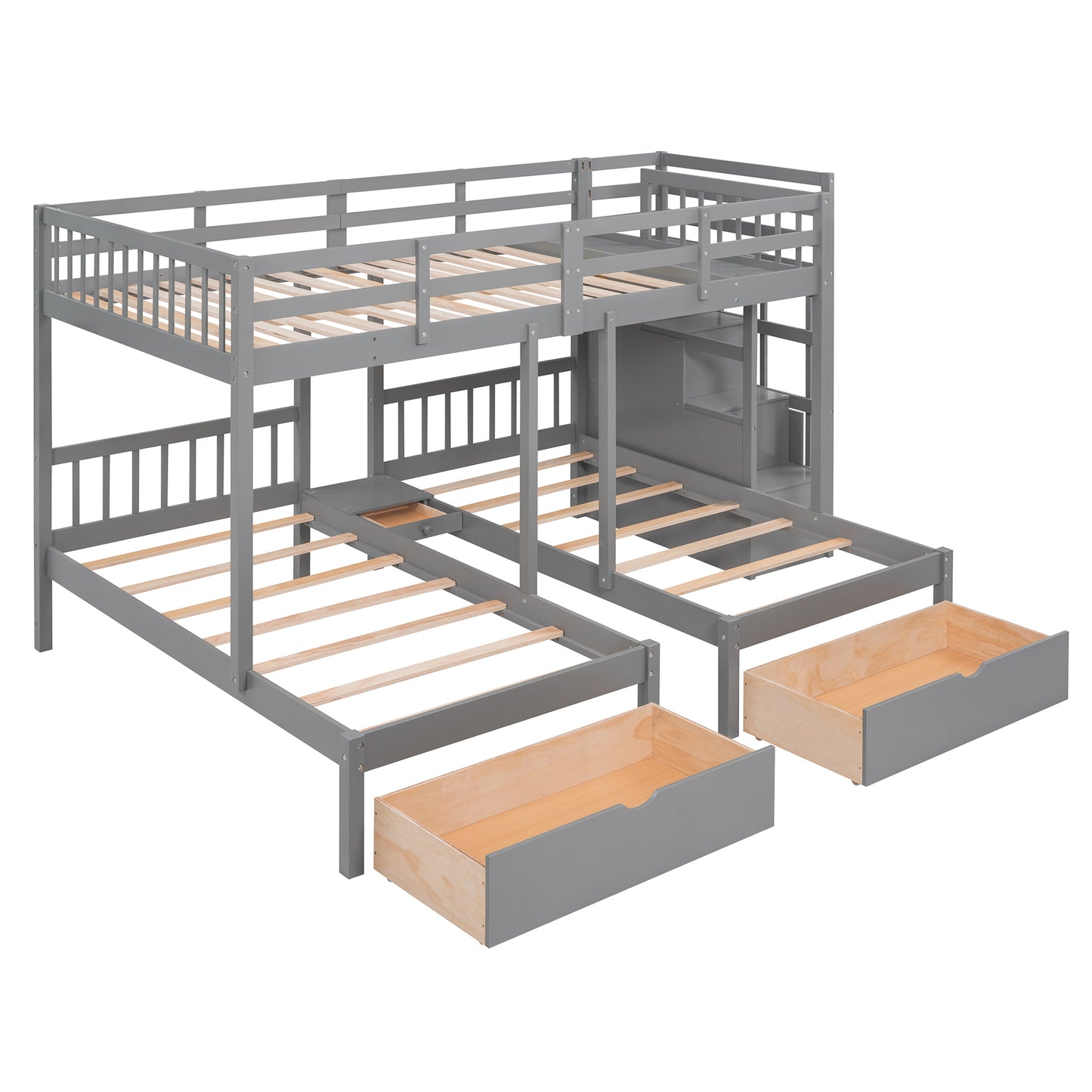 Triple Bunk Bed with Storage Drawers - Space-Saving Gray Design