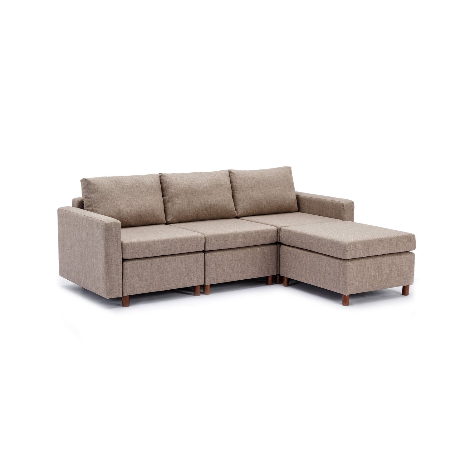 3-Seat Modular Sectional Sofa Set with Ottoman, High-Quality Linen Fabric, Brown