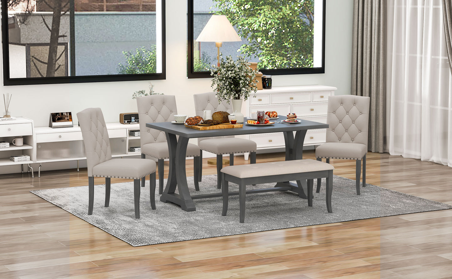 TREXM 6-Piece Farmhouse Dining Table Set, Rectangular Trestle Table and 4 Upholstered Chairs & Bench for Dining Room (Antique Gray)